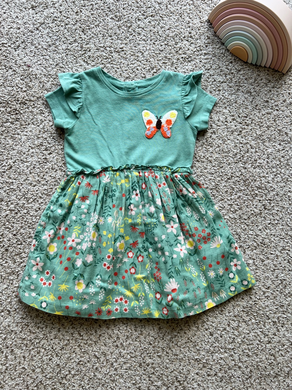 Super Cute Girls' Green Butterfly & Floral Dress